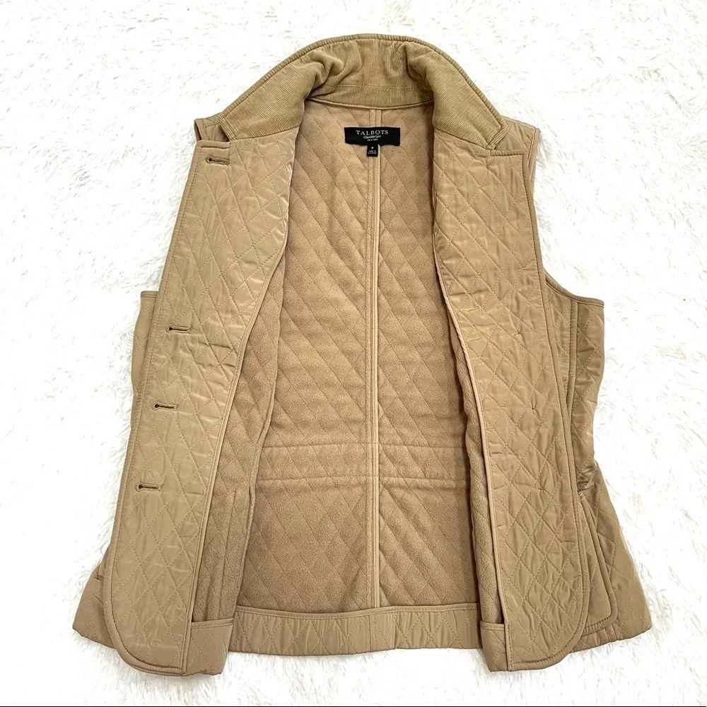 Talbots Diamond Quilted Fleece Lined Tan Vest Corduroy Detail Size, Petite Small